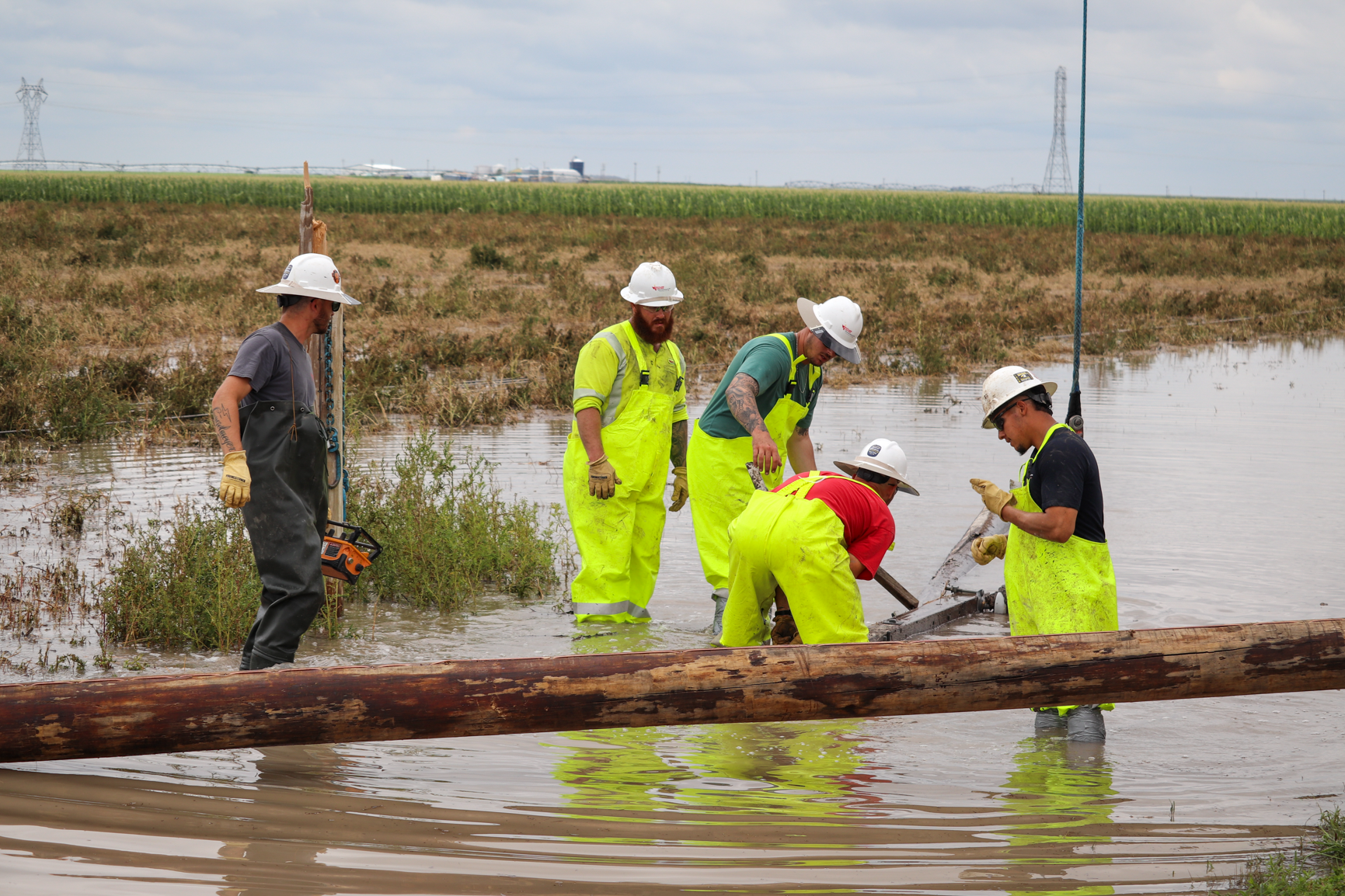 Line crew members work on July 23, 2023, to replace damaged poles in ditches full of rain water following severe storms in Finney County. Pictured from left are Colby Gugelmeyer, apprentice lineman; Dillon Williams, apprentice lineman; Parker Fleming, journeyman lineman; Justin Skelton, line foreman; and Javier Marquez, apprentice lineman.